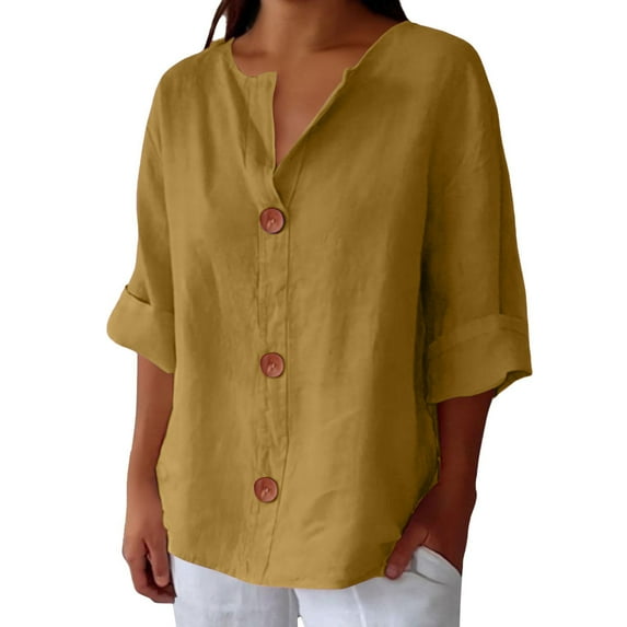 Yubnlvae Yellow Linen Shirts for Women Summer Cotton Linen V Neck 3/4 Sleeve Tops Loose Vacation Beach Solid Blouses Tunic Tops, 5Xl
