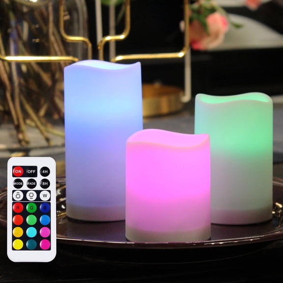 Yucanucax LED Flame-less Candles Modern Color-Changing with Timer Remote Control, Set of 3, 2.5" D x 3/4/5 Inch H, Powered by 3* AAA Batteries(EXCL.)