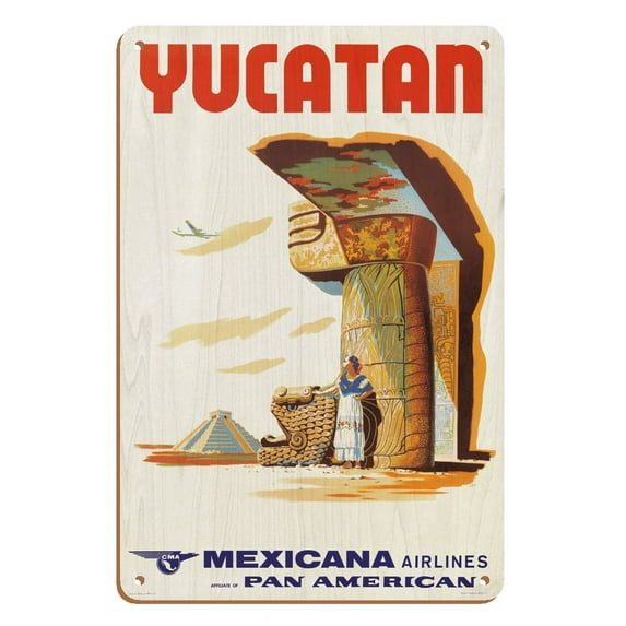 Yucatan Mexico - Mayan Ruins - Mexicana Airlines CMA World Airways - Vintage Airline Travel Poster c.1960s - 8 x 12 inch Vintage Wood Art Sign