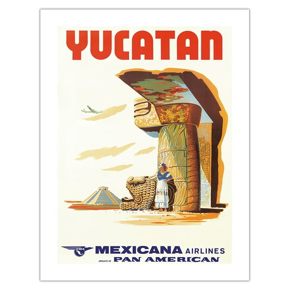 Yucatan Mexico - Mayan Ruins - Mexicana Airlines CMA World Airways - Vintage Airline Travel Poster c.1960s - Bamboo Fine Art 290gsm Paper (Unframed) 17x22in