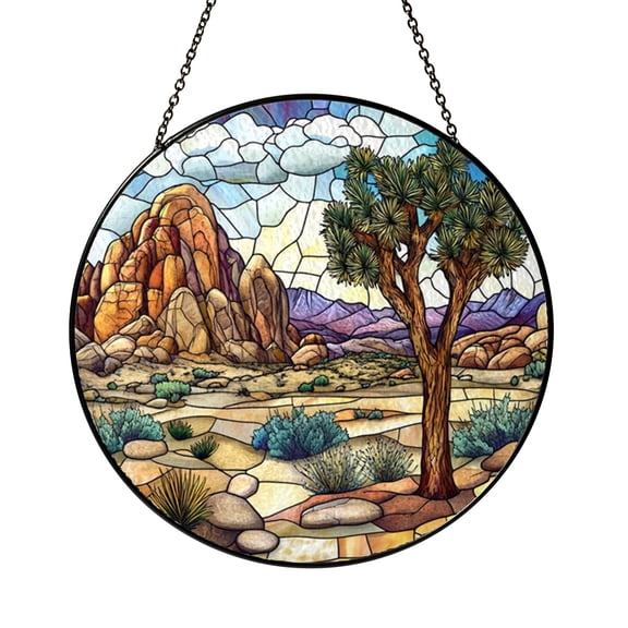 Yucca Tree Desert Mountain Stained Glass Style Suncatcher, Southwestern Sunset Landscape Window Hanging Decor, Nature Inspired Art Panel for Living Room or Cabin Display