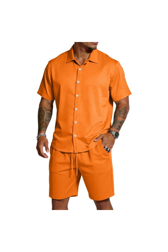 Men's 2 Piece Outfits Short Sleeve Button Down Shirt and Shorts Lightweight Breathable Fabric Summer Matching Suit for Vacation,Saffron 2XL