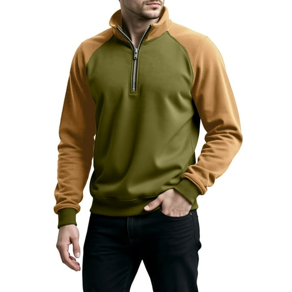 Yucgh Men's Colorblock Half Zip Stand Collar Sweatshirt, Athletic Large Size Casual Pullover with Modern Streetwear Design, Comfortable Sports Wear for Gym Training and Outdoor Activities,Green