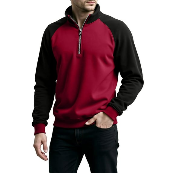 Yucgh Men's Colorblock Half Zip Stand Collar Sweatshirt, Athletic Large Size Casual Pullover with Modern Streetwear Design, Comfortable Sports Wear for Gym Training and Outdoor Activities,Wine