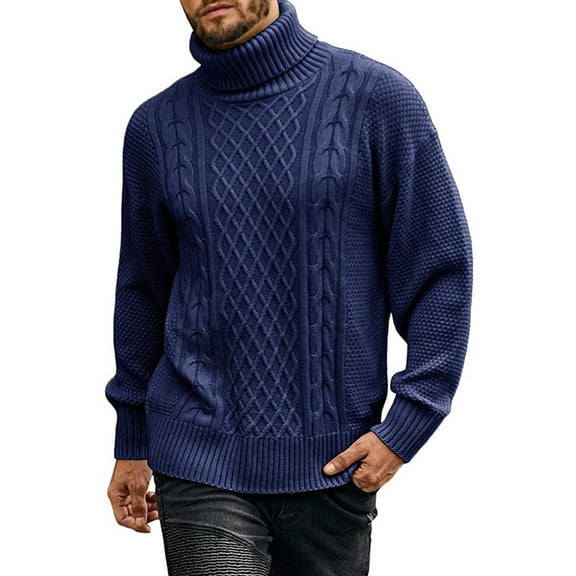 Yucgh Men's Turtleneck Sweater Pullover, Twisted Cable Knit Design with Loose Fit Thick Winter Long Sleeve, Casual Comfort Wear for Cold Seasons,Dark Blue