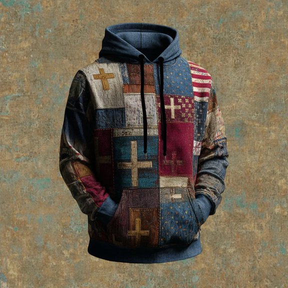 Yucgh Men's Vintage American Flag Cross Hoodie, Patriotic Print Long Sleeve Pullover with Casual Fit, Fashion Streetwear for Everyday Comfort,Watermelon Red