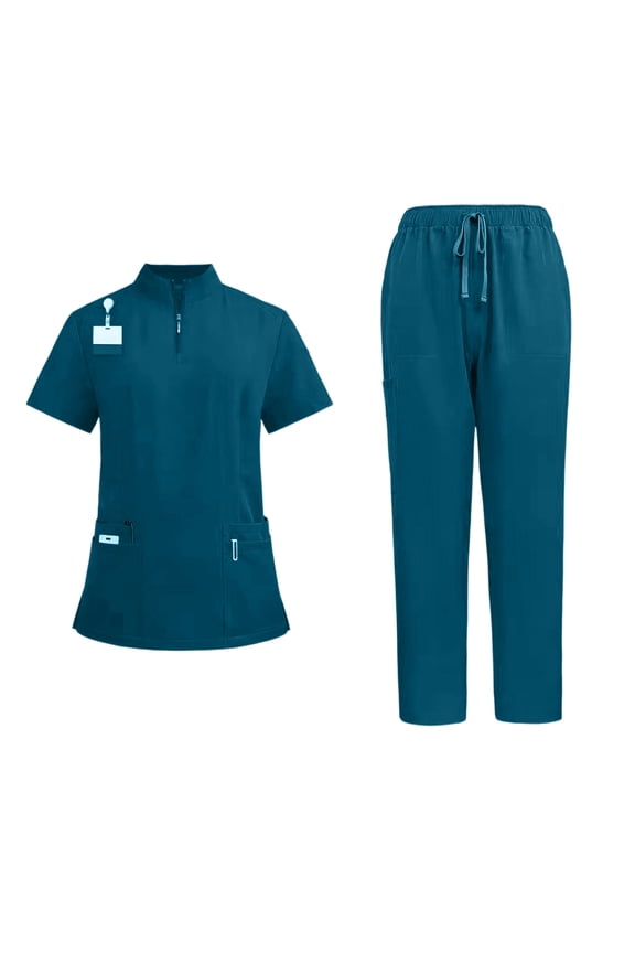 Scrub Set for Men - Short Sleeve Zip Neck Two Piece Uniform with Drawstring Waist Pants and Multiple Pockets, Comfortable Fit for Medical Workwear,Sky Blue L