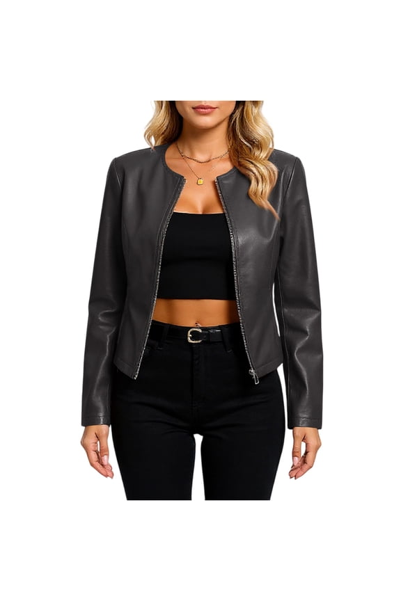 Women's Casual Long-Sleeved Solid Color PU Motorcycle Leather Jacket, Edgy and Stylish Outerwear for Everyday Wear, Comfortable Fit,2XL