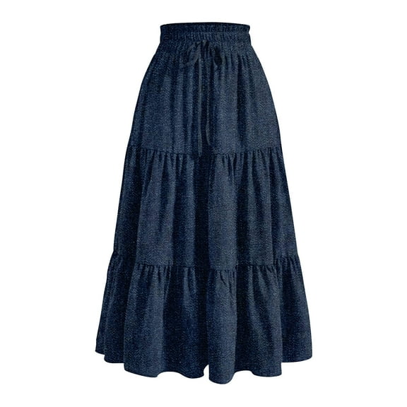Yucgh Women's Denim Print Pleated Midi Skirt with Bow, Retro Casual Long Skirt, Flowy Bohemian Skirt with Elastic Waist,Navy,S