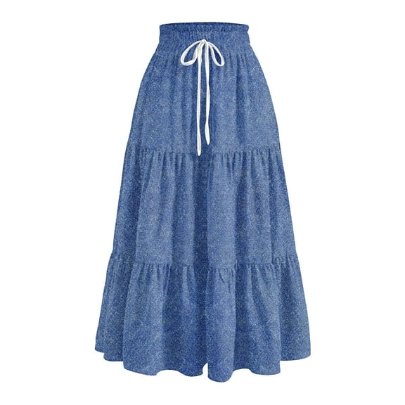 Yucgh Women's Denim Print Pleated Midi Skirt with Bow, Retro Casual Long Skirt, Flowy Bohemian Skirt with Elastic Waist,Royal Blue,S