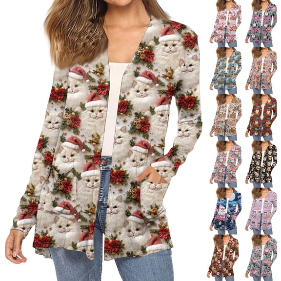 Yucgh Women's Fashion Christmas Print Long-Sleeved Pocketed Slim-Fit Cardigan Coat, Holiday Themed Sweater with Button Closure, Cozy and Festive Wear,L
