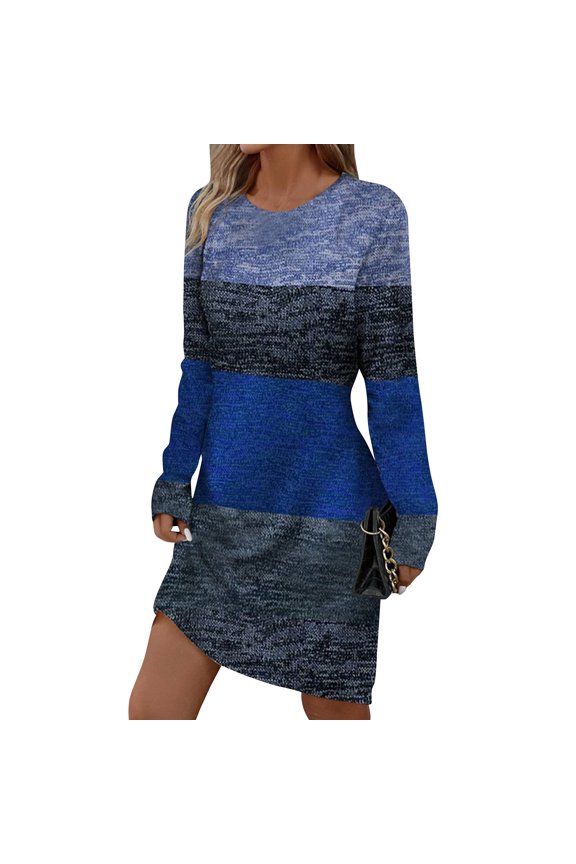 Women's Fashion Round Neck Color Block Long Sleeve Dress, Fall Winter Comfortable Bodycon Dress, Office Work Chic Dress,3XL
