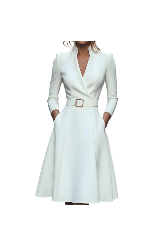Women's Fashion Workwear Solid Color Waist Defining V-Neck Dress, Full Skirt Long Sleeve Office Dress, Fall Winter Chic Gown，L