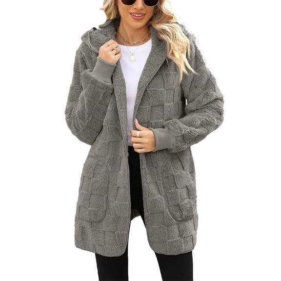Yucgh Women's Fashionable Solid Color Long Sleeved Plush Jacket, Casual Hooded Warm Cardigan Jacket with Pockets, Cozy and Soft Outerwear for Winter,S