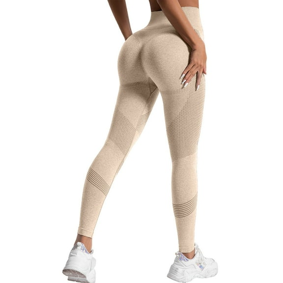 Yucgh Women's High Waist Seamless Yoga Pants with Tummy Control, Squat-Proof Workout Leggings for Gym, Peach Butt Lifting Compression Fitness Pants,Khaki M