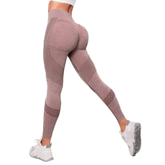 Yucgh Women's High Waist Seamless Yoga Pants with Tummy Control, Squat-Proof Workout Leggings for Gym, Peach Butt Lifting Compression Fitness Pants,Pink M