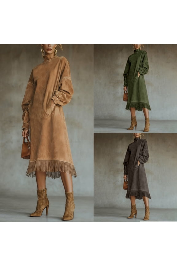 Women's Long Sleeve Casual Retro Loose High Neck Suede Dress, with Pockets and Tassel, Bohemian Fall Winter Maxi Dress，L