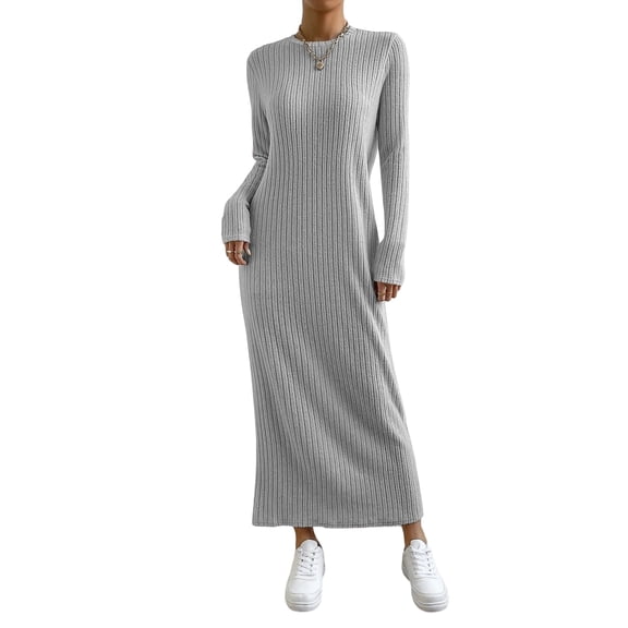 Yucgh Women's Long Sleeve Dress Fall Casual T Shirt Loose Fit Pleated Front Dress with Pockets, Round Neck Maxi Dress, Knit Sweater Dress for Women,XL