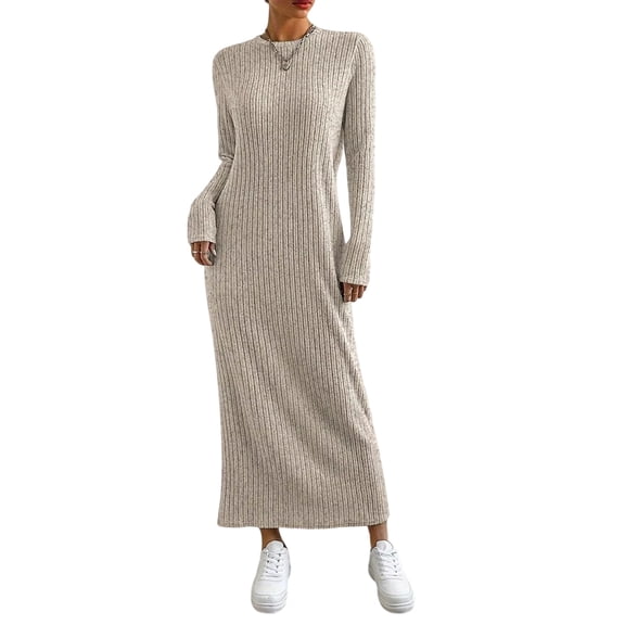 Yucgh Women's Long Sleeve Dress Fall Casual T Shirt Loose Fit Pleated Front Dress with Pockets, Round Neck Maxi Dress, Knit Sweater Dress for Women,XL