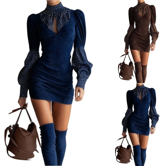 Yucgh Women's Long Sleeve Elegant Sexy Polka Dot Patchwork Bodycon Dress, Hip Hugging Suede Midi Dress, Fall Winter Party Gown，L
