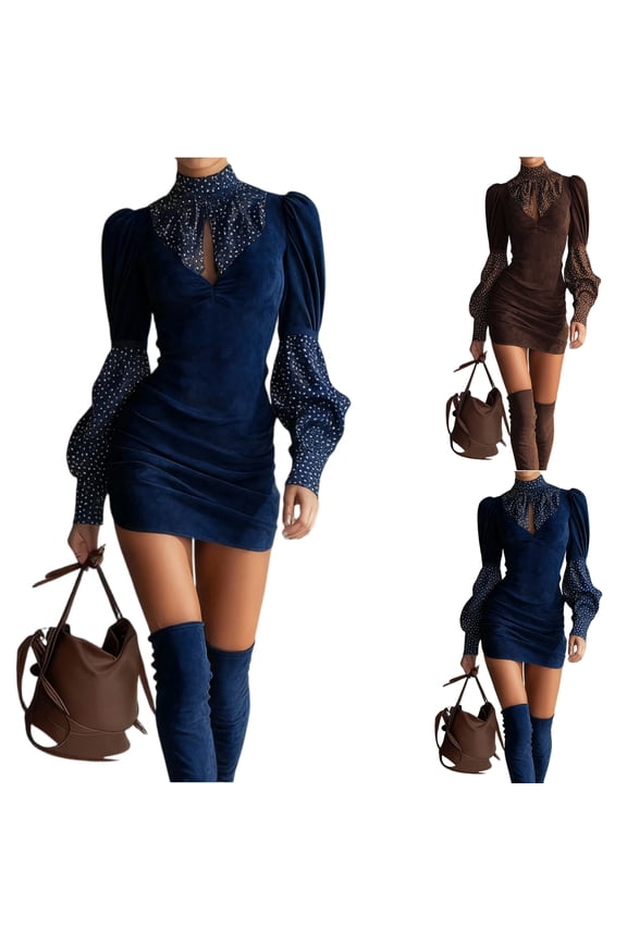 Women's Long Sleeve Elegant Sexy Polka Dot Patchwork Bodycon Dress, Hip Hugging Suede Midi Dress, Fall Winter Party Gown,L