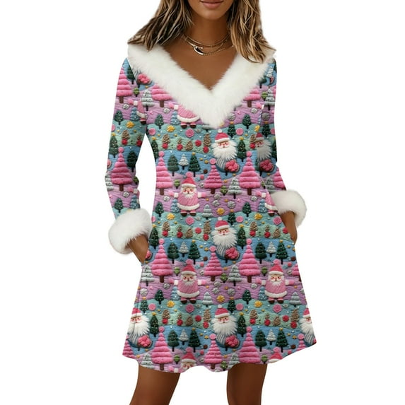 Yucgh Women's Long Sleeve Pullover Knit Dress with Pockets, V-Neck Knee Length Casual Winter Dress, Christmas Holiday Tunic Dress,3XL