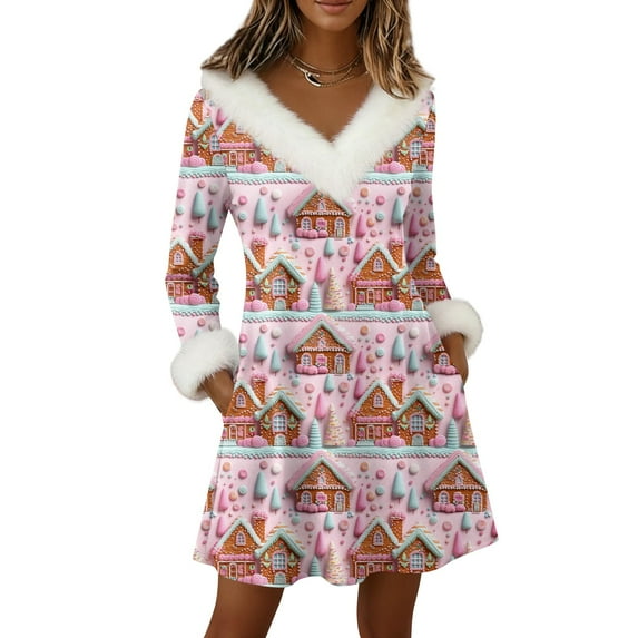 Yucgh Women's Long Sleeve Pullover Knit Dress with Pockets, V-Neck Knee Length Casual Winter Dress, Christmas Holiday Tunic Dress,L