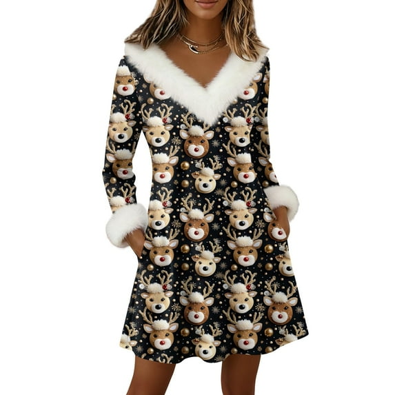 Yucgh Women's Long Sleeve Pullover Knit Dress with Pockets, V-Neck Knee Length Casual Winter Dress, Christmas Holiday Tunic Dress,L