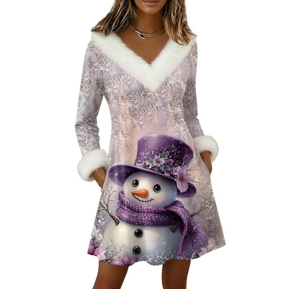 Yucgh Women's Long Sleeve Pullover Knit Dress with Pockets, V-Neck Knee Length Casual Winter Dress, Christmas Holiday Tunic Dress,S