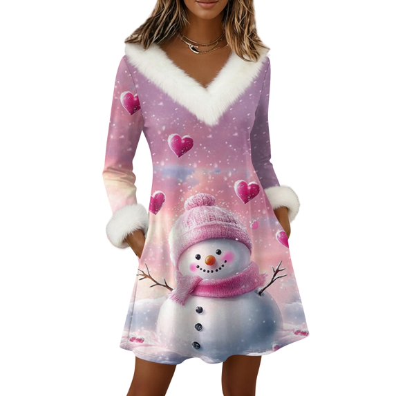 Yucgh Women's Long Sleeve Pullover Knit Dress with Pockets, V-Neck Knee Length Casual Winter Dress, Christmas Holiday Tunic Dress,S