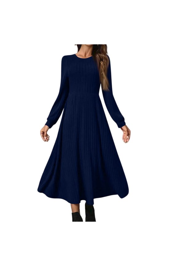 Women's Maxi Dress Round Neck Long Sleeve Solid Color Casual Dress with Ribbed Trim and Fringe Detail, Boho Chic Fall Dress for Women,2XL