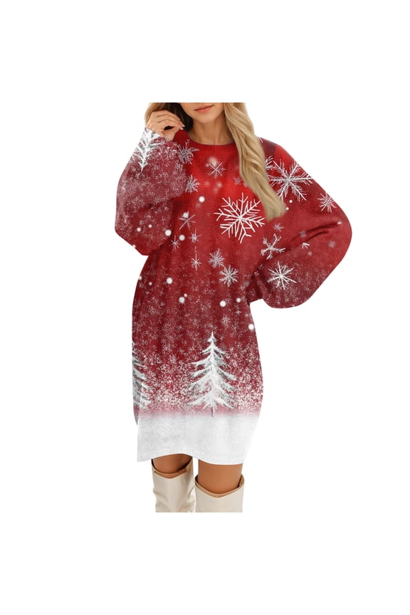 Women's Plush Dress Round Neck Casual Long Sleeve Christmas Print Dress, Holiday Party Fluffy Fleece Dress, Winter Lounge Maxi Dress for Women,M