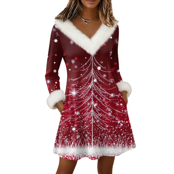 Yucgh Women's Pullover Dress Long Sleeve V Neck Knee Length Dress with Pockets, Casual Christmas Fluffy Fleece Dress, Winter Lounge Dress for Women,2XL