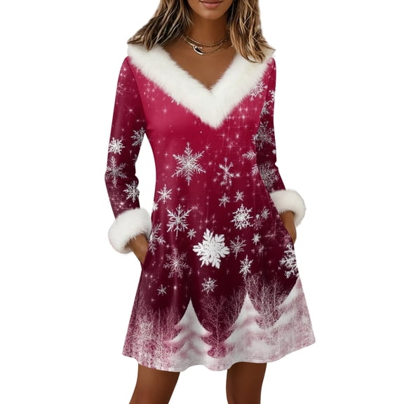 Yucgh Women's Pullover Dress Long Sleeve V Neck Knee Length Dress with Pockets, Casual Christmas Fluffy Fleece Dress, Winter Lounge Dress for Women,XL