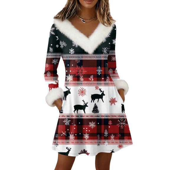 Yucgh Women's Pullover Dress Long Sleeve V Neck Knee Length Dress with Pockets, Casual Christmas Fluffy Fleece Dress, Winter Lounge Dress for Women,L