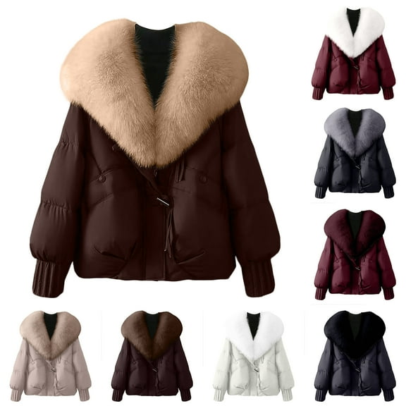 Yucgh Women's Solid Color Fashionable Thick Warm Temperament Cotton Jacket with Large Collar Cotton Coat, Insulated and Comfortable Outerwear for Cold Weather,L