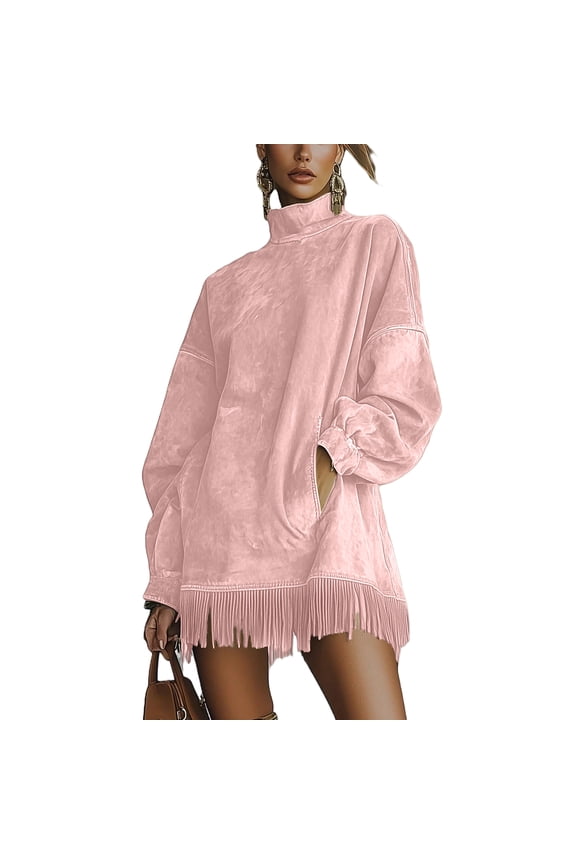 Women's Solid Color High Neck Loose Fit Suede Dress with Pockets and Tassel, Long Sleeve Boho Maxi Dress, Fall Winter Dress，M