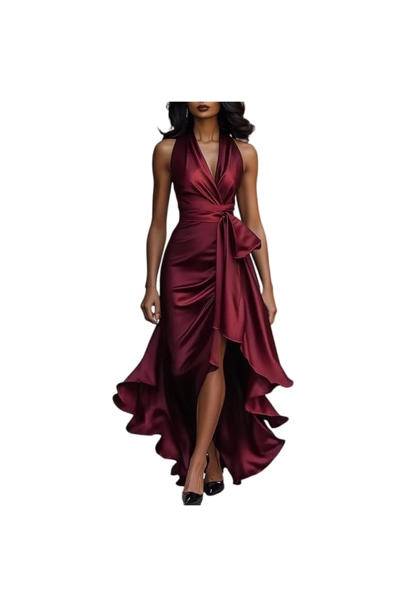Women's Solid Color V-Neck Sleeveless Irregular Hem Dress, Fall Winter Layering Slip Dress, Flowy A-Line Evening Gown，2XL