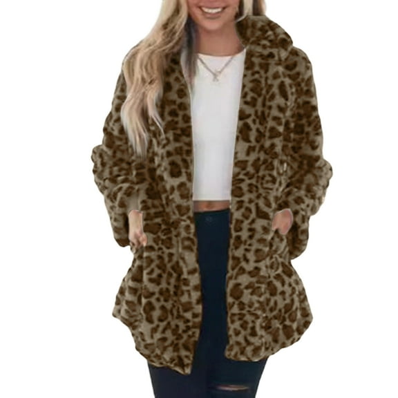 Yucgh Women's Winter Thickened Double-Sided Velvet Stand Collar Loose Leopard Print Plush Zipper Jacket, Fashionable and Warm Coat for Women, Comfortable Fit,S