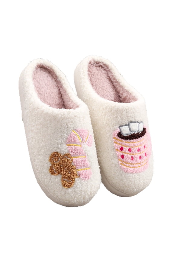 1 Pair Christmas Gingerbread Man Candy Cotton Slippers for Women Men, Xmas Winter Indoor Outdoor Warm Plush House Shoes (40-41)