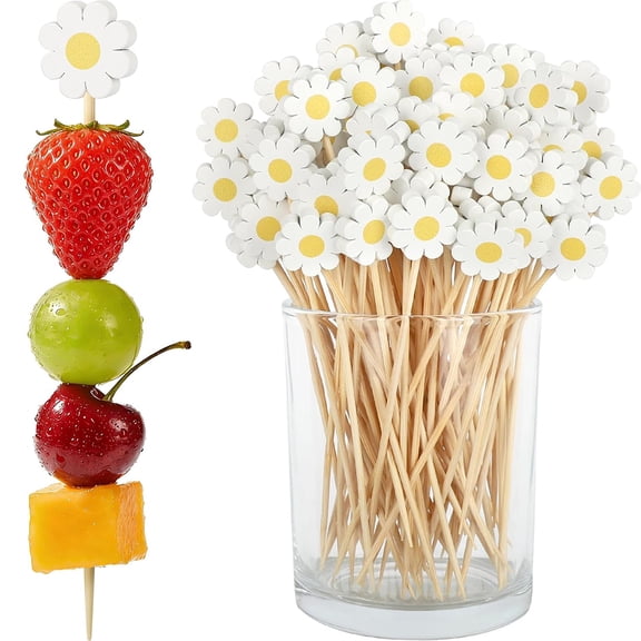 Yucurem 100PCS Daisy Cocktail Picks, 4.7 Inch Fancy Toothpicks for Appetizers, Handmade Bamboo Appetizer Fruit Skewers Food Art Picks for Birthday Wedding Party Favors Supplies