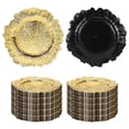 thumbnail image 1 of Yucurem 100PCS Reusable Charger Plates Bulk, 12.2" Plastic Dinner Charger Plates, Round Ruffled Rim Decorative Dinner Tableware for Wedding, Party, Event Table Decor (Gold), 1 of 9