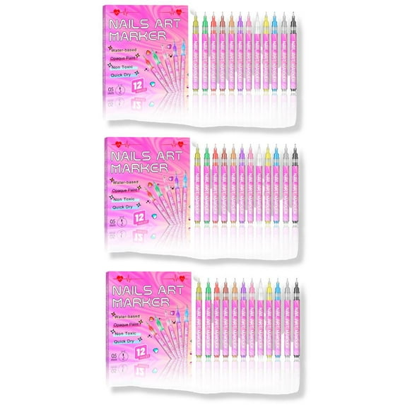 Yucurem 12 Colors 3D Nail Art Pens, 3PCS Fine Tips 0.5 MM Nail Art Markers Polish Pen Nail Point Graffiti Dotting Drawing Painting Liner Pen for Home Salon DIY Manicure Tools (Pink)