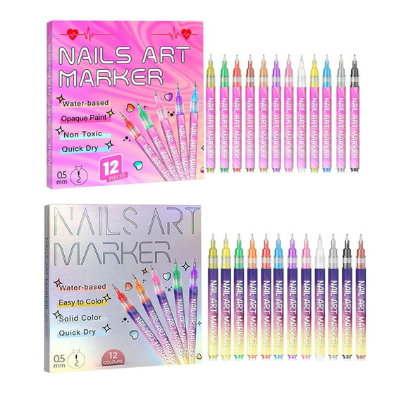Yucurem 12 Colors Nail Art Pens Set for Beginners, 2026 Upgrade Nail Marker, Fine Tip Nail Art Pen 0.5mm, Portable Nail Art Tools for Home Salon (2PCS)
