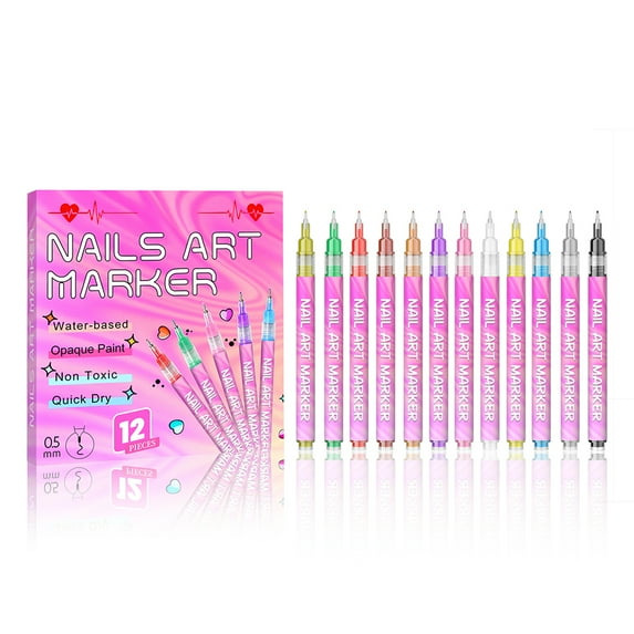 Yucurem 12 Colors Nail Art Pens Set for Beginners, 2026 Upgrade Nail Marker, Fine Tip Nail Art Pen 0.5mm, Portable Nail Art Tools for Home Salon (Pink)