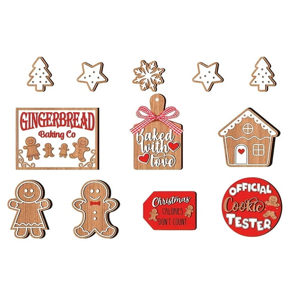 Yucurem 12 Pieces Christmas Tiered Tray Decor, Xmas Mini Gingerbread Wooden Block Signs, Rustic Farmhouse Decor for Xmas Winter Kitchen Home Table Centerpiece
