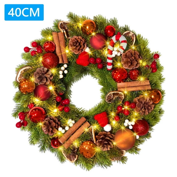 Yucurem 15.7" Christmas Wreath with 40 LED Lights, Artificial Merry Christmas Wreath with Pine Cones Dried Lemon Pieces for Xmas Winter Porch Fireplace Window Door Decor