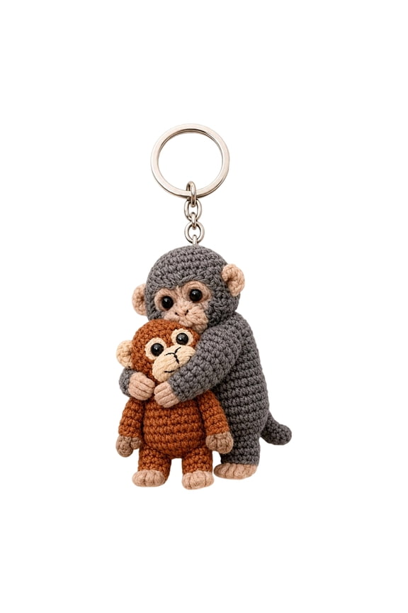 Yucurem 1pc Crochet Punch Monkey Keychain Cute Animal Bag Charm Handmade Monkey-hug Keychain Cute Knitted Animal Keyring for Backpack Handbag Or Car Keys