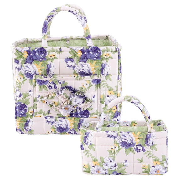 Yucurem 2 Pack Boho Fabric Storage Basket with Handles, Large Capacity Foldable Floral Organizer for Clothes and Sundries, Quilted Puffer Tote Bag for Home, Picnic, Shopping, Travel