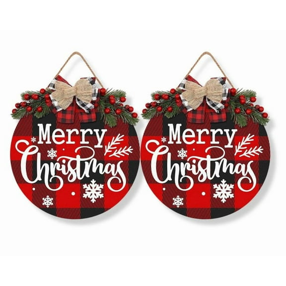 Yucurem 2 Pack Christmas Wooden Sign for Front Door, Merry Christmas Welcome Door Wreath with Buffalo Plaid Bow Eucalyptus Berries for Xmas Party Wall Hanging Decor